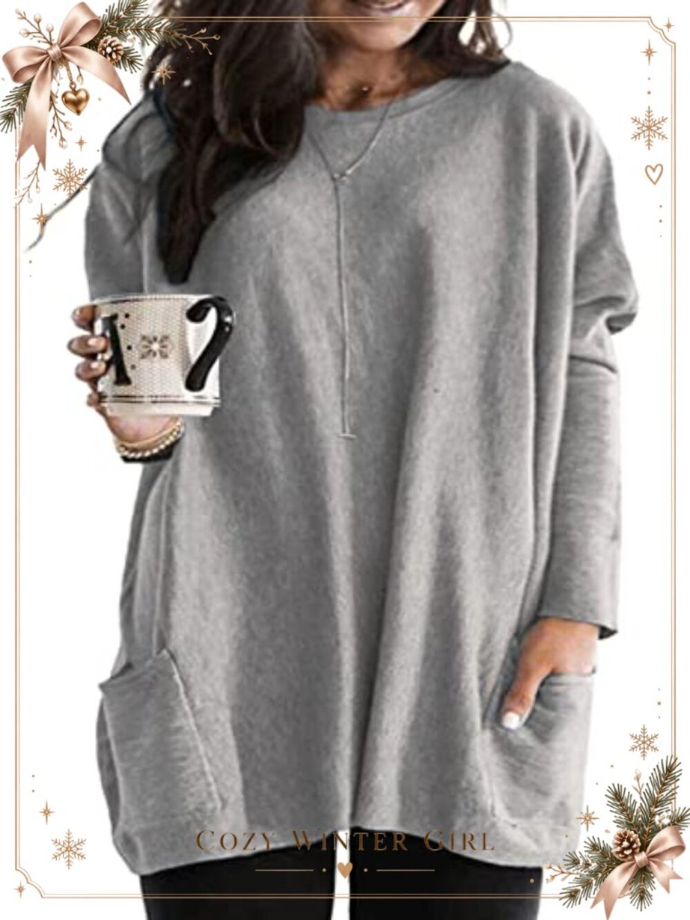 Plus Size Long Sleeve Tunic Sweatshirt with Pockets 95% Polyester 5% Elastane